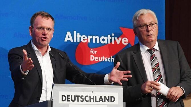Dirk Spaniel (l) und Bernd Gögel stehen auf einem Podium Dirk Spaniel (l) und Bernd Gögel stehen auf einem Podium