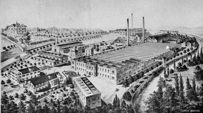 Die Industrieanlage in der idealisierten Vorstellung um das Jahr 1900: Die Fabrikhallen der alten Spinnerei als Postkartenmotiv