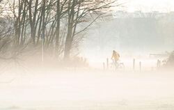 Ein Mann radelt durch den morgendlichen Nebel