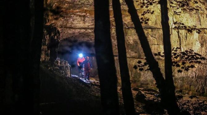 Einsatzkräfte stehen am Eingang der Falkensteiner Höhle