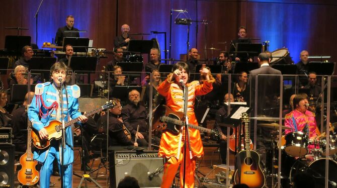 Mut zur Farbe: Tony Kishman als Paul McCartney (links) und Tom Teeley als George Harrison lassen es krachen.  FOTO: KNAUER