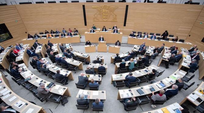Abgeordnete sitzen auf ihren Plätzen im Landtag