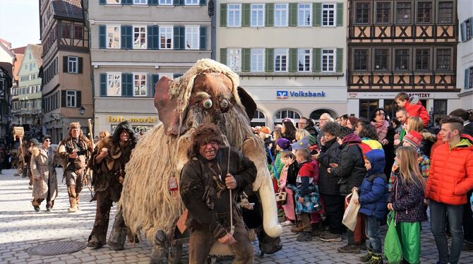 Fasnetsumzug durch die Tübinger Altstadt: Die Steinis bringen einen rustikalen Charme auf den Marktplatz, sie haben einen Mammut