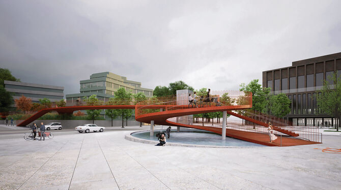 Diese geschwungene Stahlkonstruktion mit Wasserbecken gefällt den GEA-Lesern besser als der Siegerentwurf einer Bogenbrücke aus