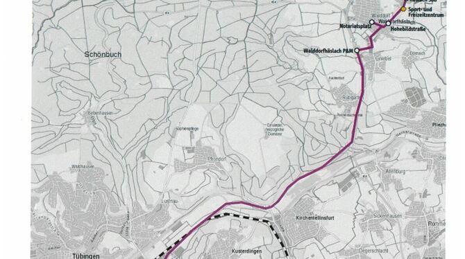 Wie auf der lilafarbenen Linie eingezeichnet, könnte  ein Shuttlebus von Walddorfhäslach nach Tübingen  fahren. GEA-REPRO