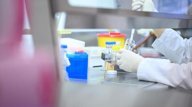 Eine Frau untersucht eine Probe auf das Coronavirus