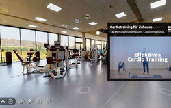 An diesem roten Infopunkt (rechts) im virtuellen peb2 werden Möglichkeiten zur sportlichen Betätigung in den eigenen vier Wänden