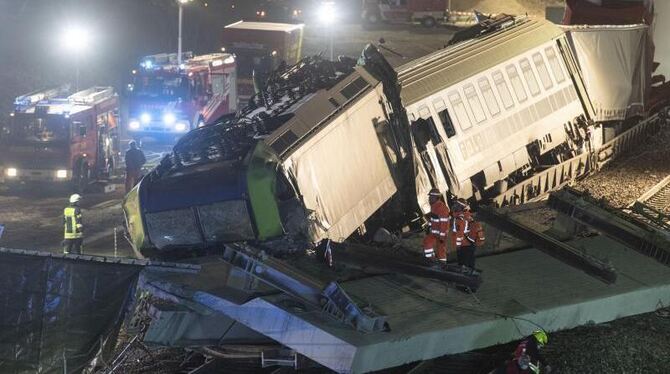 Feuerwehrfahrzeuge stehen um einen verunglückten Zug