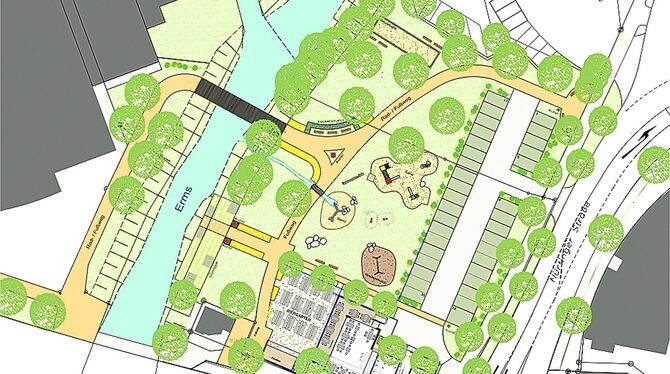 Das vorläufige Entwicklungskonzept für den Adlergarten mit dem Park mit Spielplatz und Erholungszonen im Zentrum. Links der Erms