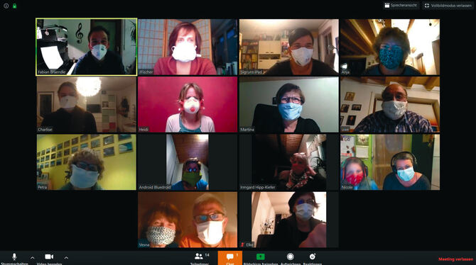Gut gelaunte Mitglieder des Swingchors Bad Urach trafen sich zur gemeinsamen Chorprobe im Internet: Zum Singen wurden die Masken