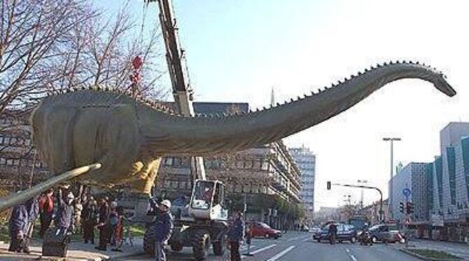 Straßensperrung für den Langhals-Dino: Gestern Vormittag wurde der Diplodocus der Reutlinger Dino-Ausstellung auf die Grünanlage