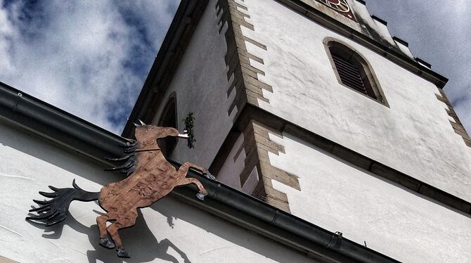 Am Kirchturm erhenktes Fohlen: Mai-Streich in Jettenburg nach der Entstehung des Nicknamens seiner Bewohner. FOTO: PRIVAT