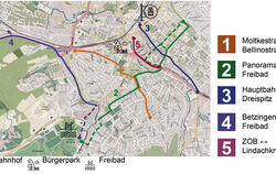 Die ersten fünf Hauptrouten durch die Stadt, die bis 2022 ungesetzt werden sollen. GRAFIK/FOTOS: STADT