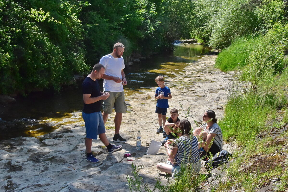 Vatertagsidyll auf dem Naturdenkmal Schneckenpflaster in der Ofterdinger Steinlach FOTO MEYER