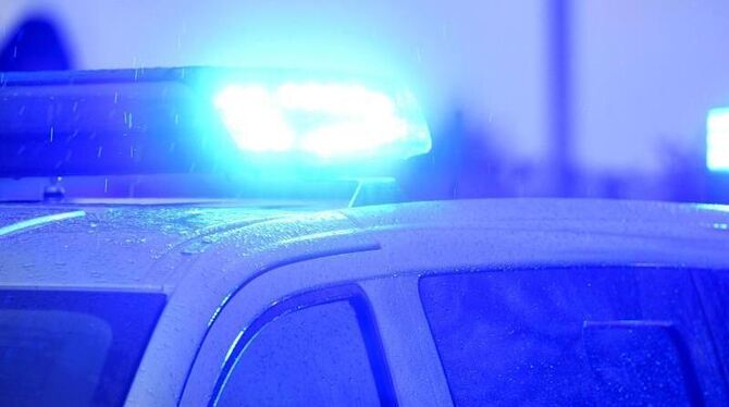 Ein Polizeifahrzeug steht mit eingeschaltetem Blaulicht