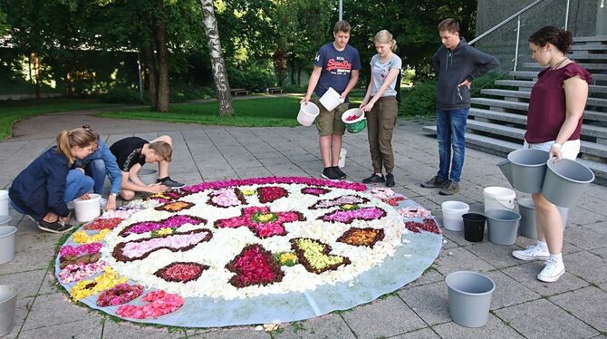 Die Metzinger Boni-Teens legen auch in diesem Jahr vor der  St.-Bonifatius-Kirche einen Blütenteppich für die Feiern an Fronleic