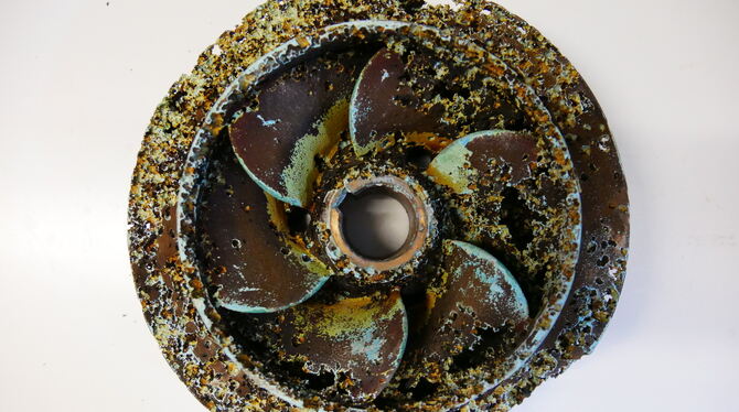 Nicht nur vom Zahn der Zeit, sondern von den Mineralien des Bad Uracher Thermalwassers zerfressen: ein kaputtes Rad aus einer Pu