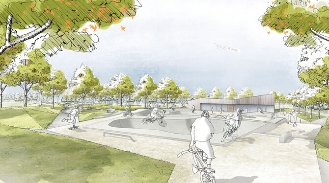 So soll der Funpark mit Jugendhaus aussehen. Skizze: Architekten Landschaftsarchitekten Kienleplan GmbH und Hettich Architekten