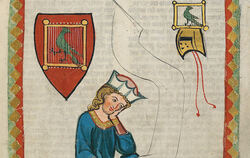 Walther von der Vogelweide, wie ihn um 1300 der Illustrator der Großen Heidelberger Liederhandschrift sah. Da war der Sänger sch