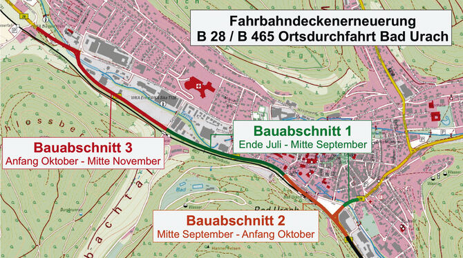 Ein Überblick über die Fahrbahn- erneuerung auf der B 28 und B 465 in der Ortsdurchfahrt von Bad Urach.  Am 20. Juli soll die Gr