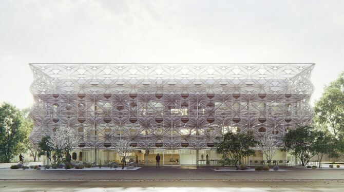 So soll der Neubau auf dem Campus der Hochschule aussehen: Das futuristische »Texoversum« mit einzigartiger Textilfassade.  GRAF