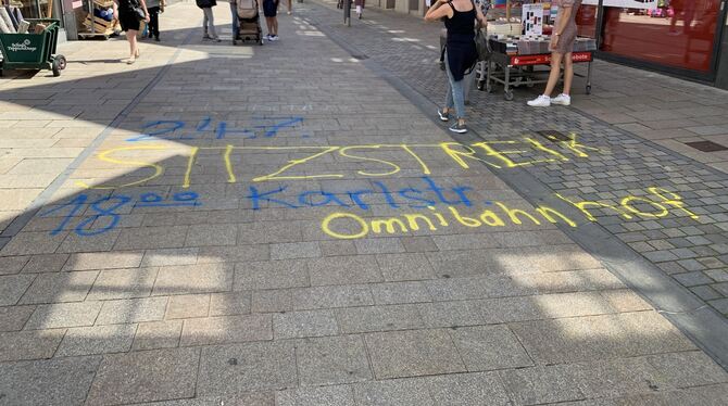 Mit Straßenmalerei - wie hier in der Fußgängerzone - werben die Aktiven von »Fridays for Future Reutlingen« für ihren Sitzstreik