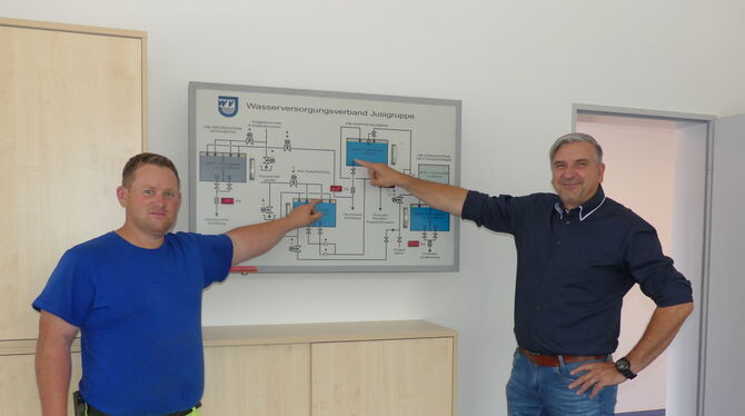 Kohlbergs Bauhofleiter und Wassermeister, Mario Kunze (links) und Bürgermeister Rainer Taigel haben im Bauhof jederzeit den Über