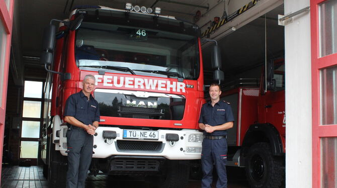 Ralf Nübel (links) und Florian Michels sind sich einig: Ihr Eintritt bei der Feuerwehr war freiwillig, der Rest ist Pflicht.  FO