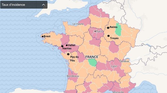 Karte mit den von der französischen Regierung als Coronazentren eingestuften Departements. Die Gebiete decken sich nicht immer m