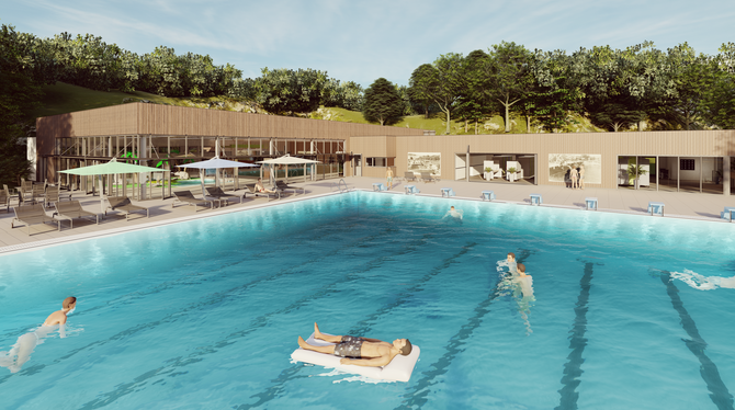 Maximale Synergie: Die neue Schwimmhalle (links) dockt an den Eingangs- und Sanitärtrakt des Freibads an und nutzt dieselbe Infr
