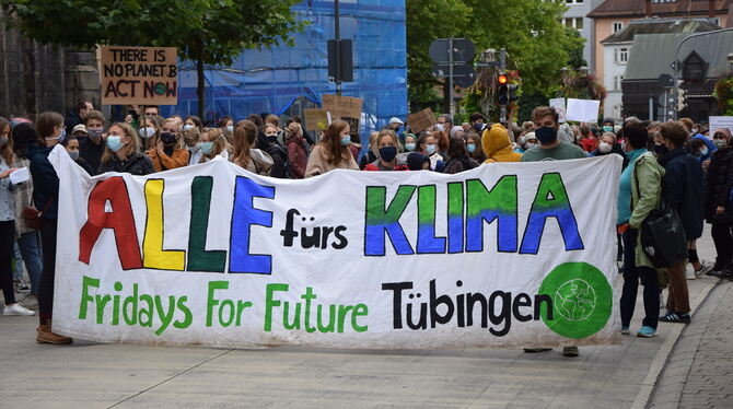 2019 waren rund 9 000 Menschen beim Klimastreik in Tübingen dabei. Dieses Jahr kamen 2 100 Demonstranten. FOTOS: SAPOTNIK