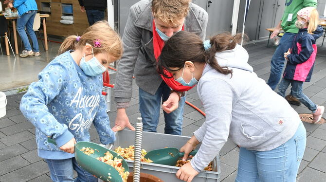Begeistert bei der Sache: Kinder pressen bei der Mini-Veranstaltung des Mössinger Apfelfestes Saft aus Streuobst. FOTO: MEYER