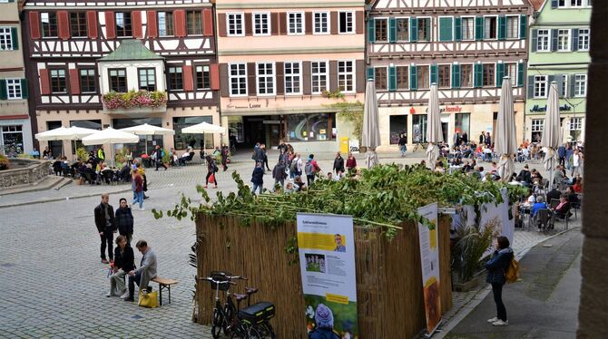 Laubhütten auf dem Tübinger Marktplatz anlässlich des weltweiten Aktionstags gegen Antisemitismus. Foto: Martin