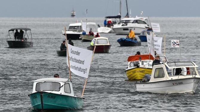 Fischer demonstrieren mit einem Schiffskorso auf dem Bodensee