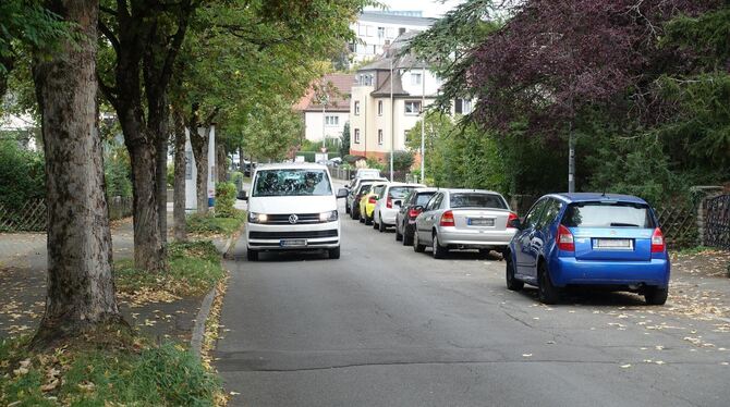 Ganz typisch für die Steinenbergstraße: Jede Menge parkendes Blech unter Bäumen, reichlich Anwohnerverkehr obendrauf.