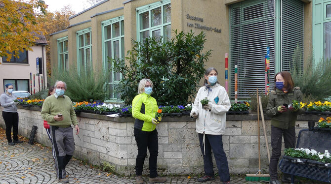 Aktion im Rahmen der »Gesunden Gemeinde«: Ehrenamtliche haben die Beete vor dem Bürgerhaus neu bepflanzt. FOTO: SANDER