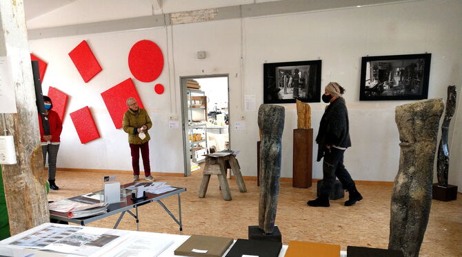 Brigitte Tharin (neben der Tür) interviewt im BT24 ihre Künstlerkollegin Elke Roth zu ihren Skulpturen. Im Vordergrund die "Farb