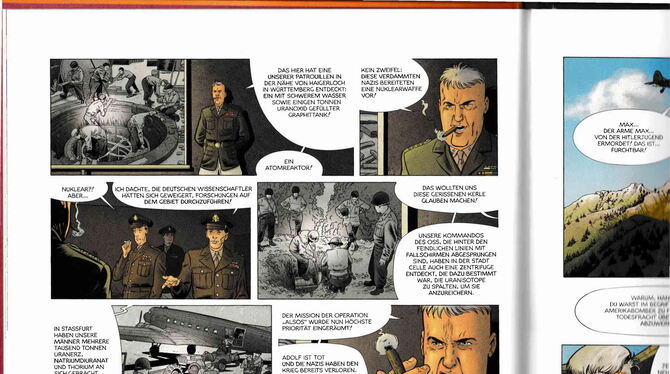 Ausschnitt aus der Comicserie »Bärenzahn«, das Panel links oben greift ein historisches Foto von der Demontage des Forschungsrea