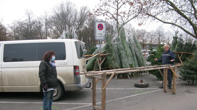 Christbaumverkäufer Inge und Roland Stockinger müssen ihren Stand um falsch geparkte Autos aufbauen.   FOTOS: WEBER