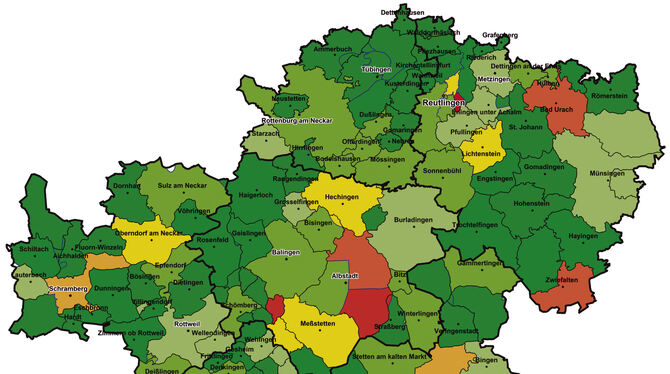 Rot, gelb und grün: Anteile überschuldeter Privatpersonen im Verhältnis zu allen Erwachsenen in Gemeinden. GRAFIK: CREDITREFORM