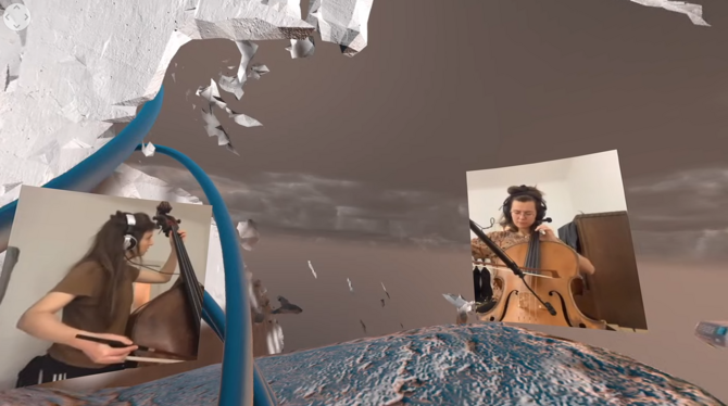 Virtuelle Landschaft mit Fenstern zu den Musikern im Homeoffice: Franziska Aller am Kontrabass, Julia Bilat am Cello.  SCREENSHO