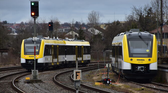Unterwegs in den Landesfarben: die neuen SWEG-Züge auf der Zollernbahn.  FOTO: MEYER