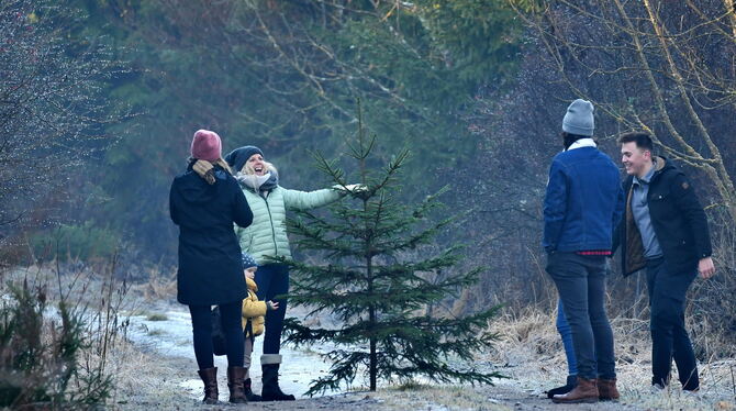 Glückliche Menschen im Ofterdinger Hardtwald. Die Weihnachtsbaumaktion verlief erstmals ohne Menschenmassen und Stress.  FOTO: M