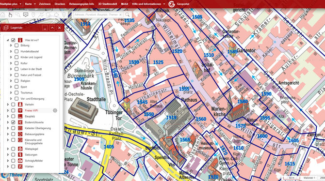 Für Grundstückseigentümer interessant: die Bodenrichtwerte, im Geoportal der Stadt sichtbar. GRAFIK: STADT REUTLINGEN