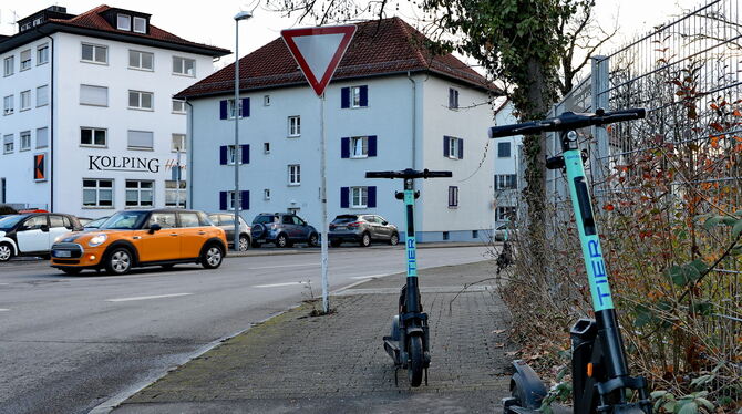 Das ärgert Bürger: E-Scooter, die mitten auf dem Gehsteig stehen.  FOTO: NIETHAMMER