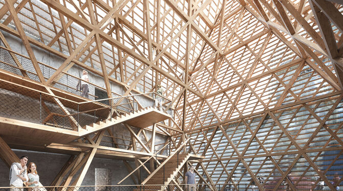 Der Innenraum des »gläsernen« Neubaus in der Oberamteistraße, visualisiert vom Architekten: Eine Holzkonstruktion kombiniert mit