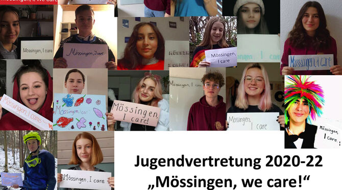 Selfies, zum Gruppenfoto arrangiert: Die neue Jugendvertretung in Mössingen mit dem neuen Slogan »Mössingen, I care«.  FOTO: STA