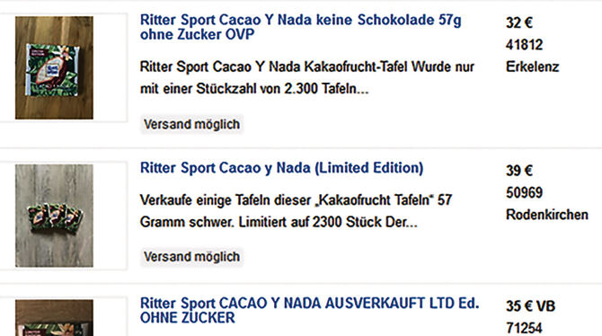 Die Kakaofruchttafel von Ritter Sport ist im privaten Onlinehandel heiß begehrt.  FOTO: EBAY