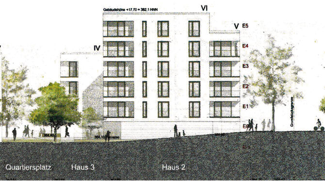 So sehen die drei geplanten Häuser aus Richtung Florianstraße aus. Links die Zufahrt zur Tiefgarage, über die auch das Nachbargr
