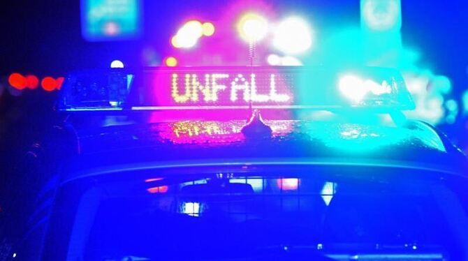 Ein Polizeiwagen steht mit Blaulicht an einer Unfallstelle
